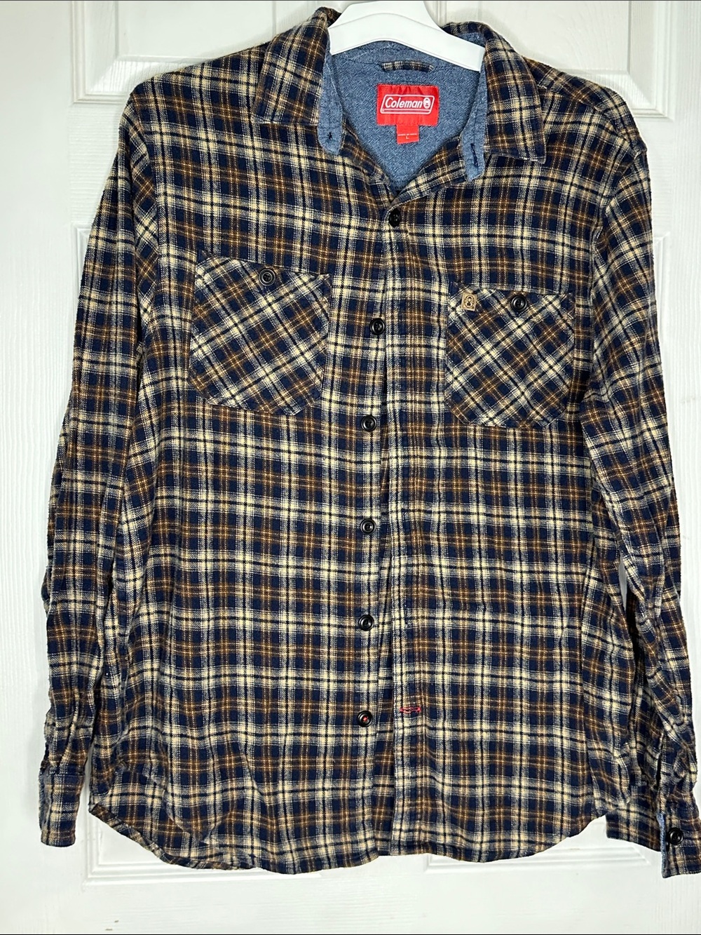 Coleman Navy and Tan Plaid Button-Down Flannel Shirt